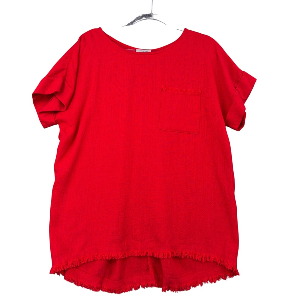 Umgee USA Red Linen Blend Frayed Hem‎ Pocket Top Blouse A5623 Mens Size M